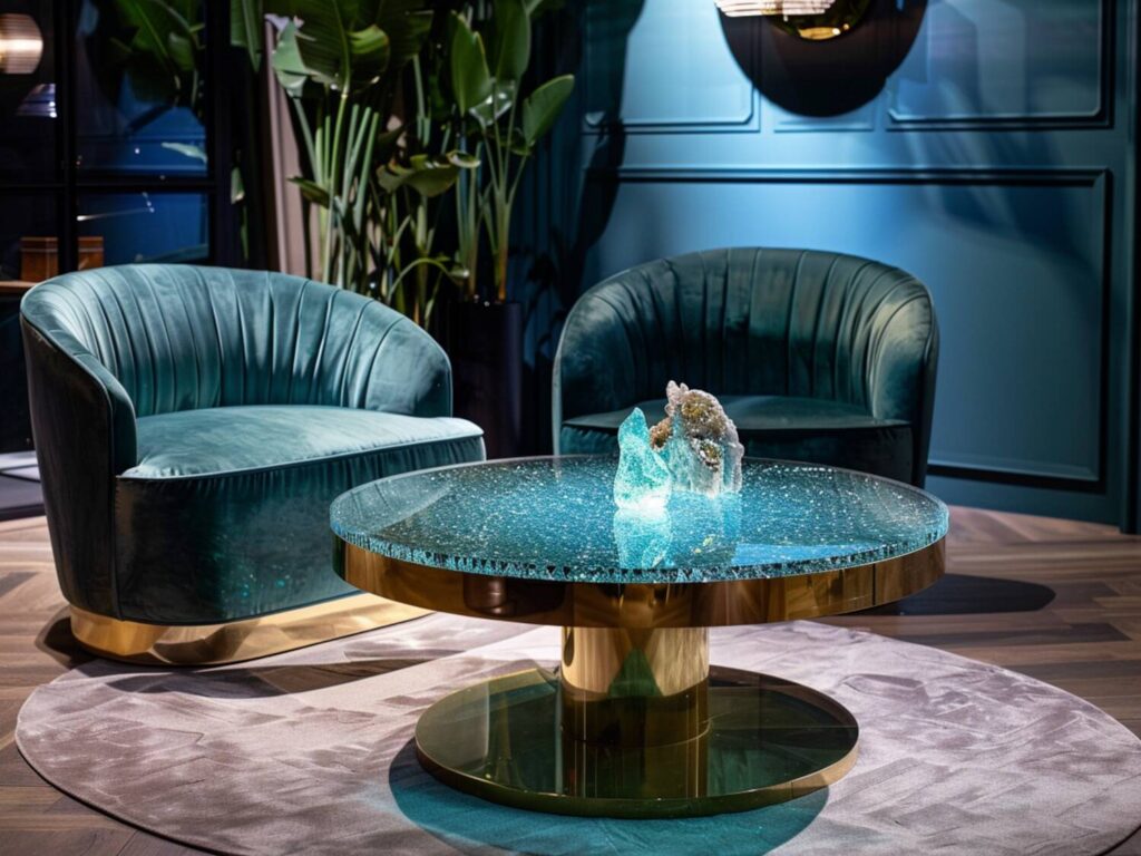 10 przykładów stołów kawowych z elementami recyklingowanego szkła