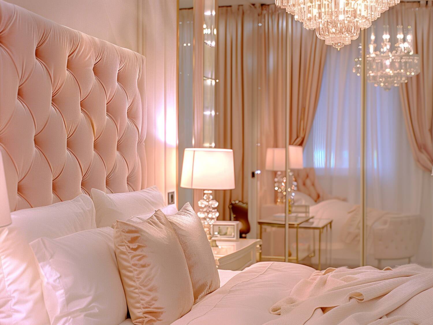 Eleganckie łóżko tapicerowane różowe z pikowanym zagłówkiem