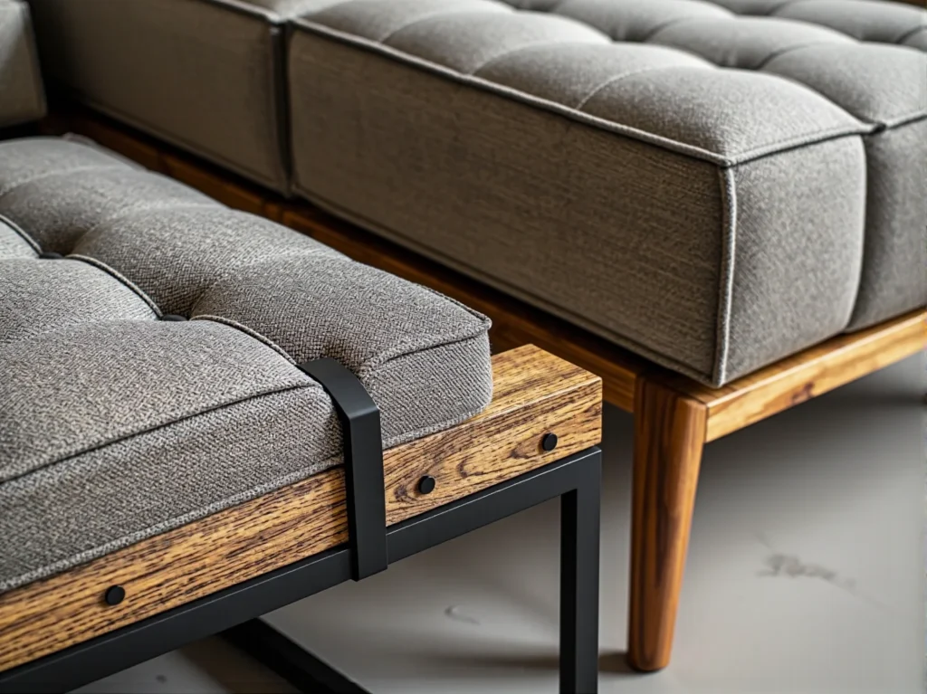 Szara sofa modułowa z pikowanym siedziskiem na drewnianej ramie