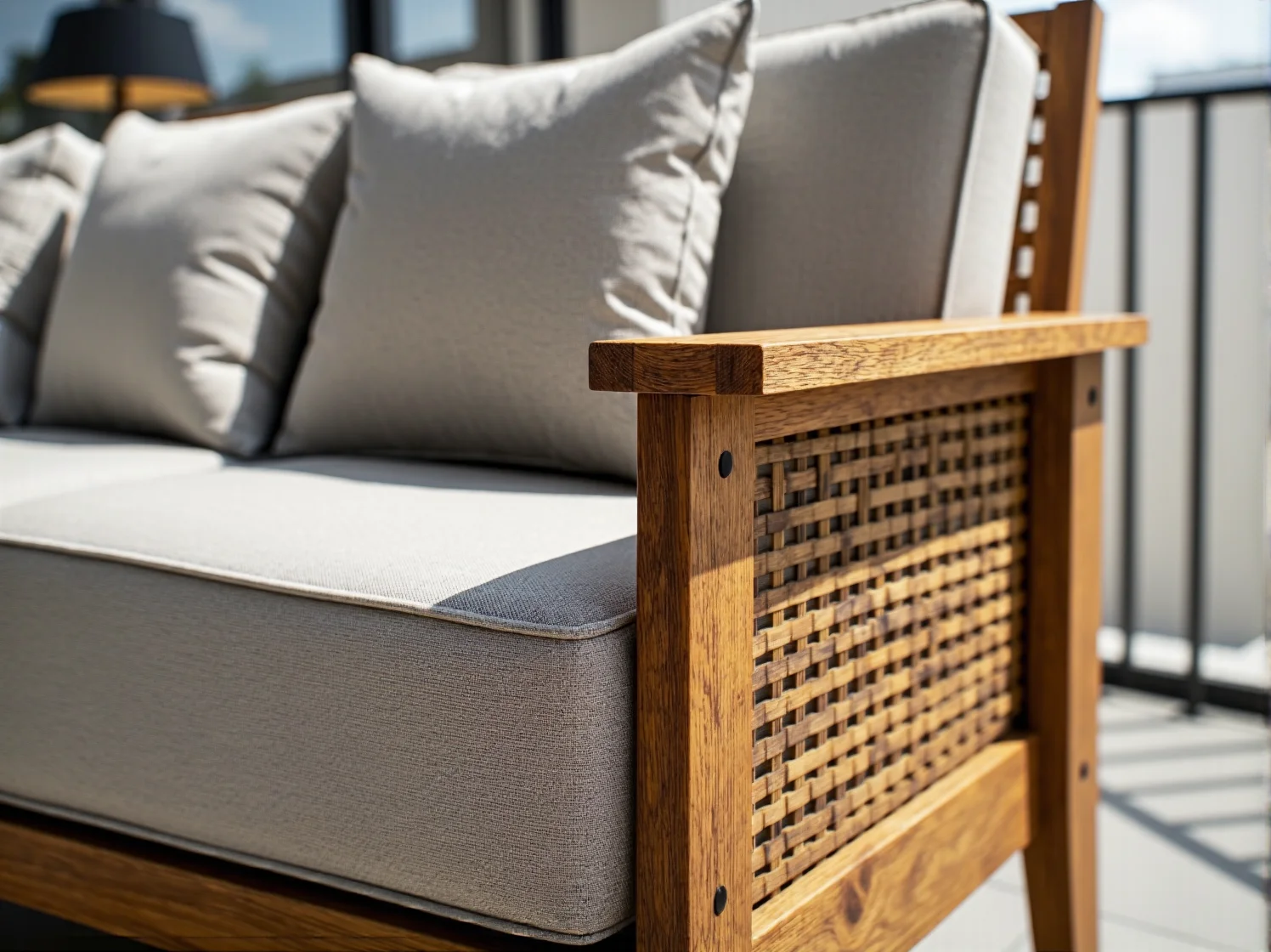 Aranżacja wąskiego balkonu z wiszącymi doniczkami i stolikiem mocowanym do barierki