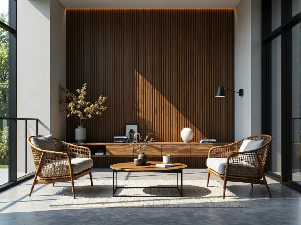 Rattanowe fotele z szarymi poduszkami i okrągły stolik kawowy