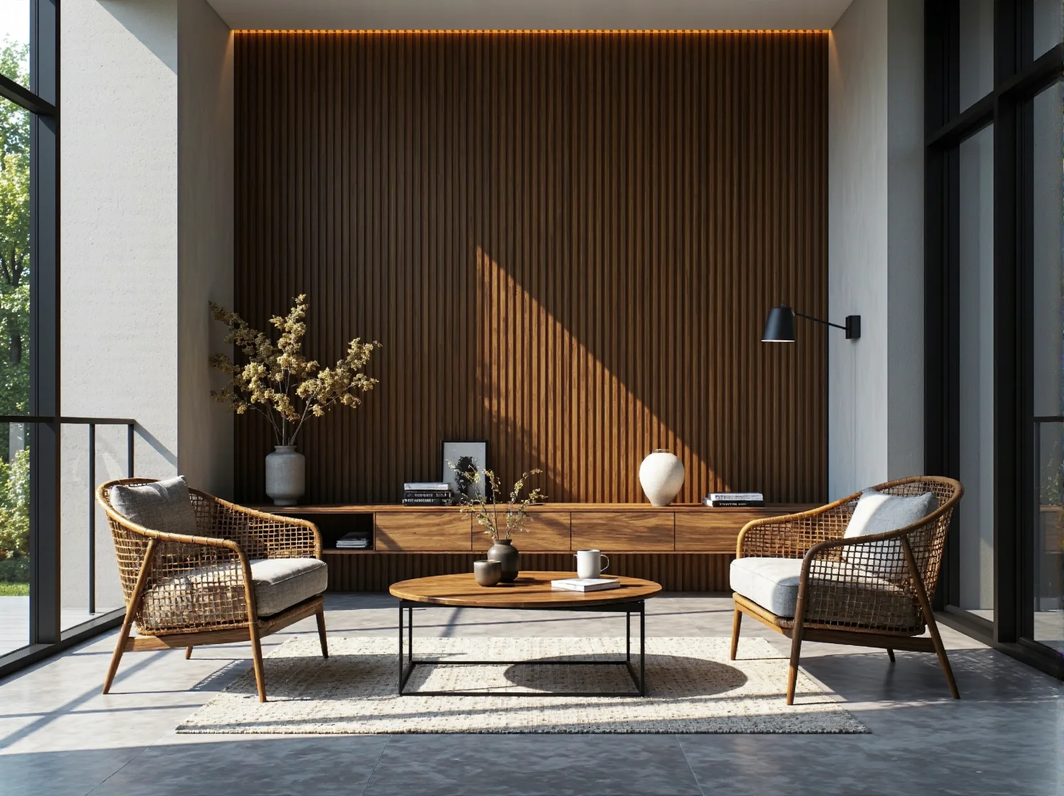 Rattanowe fotele z szarymi poduszkami i okrągły stolik kawowy