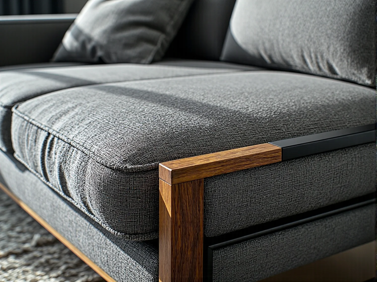 Przytulny salon w stylu boho z drewnianymi meblami, makramami i roślinami.