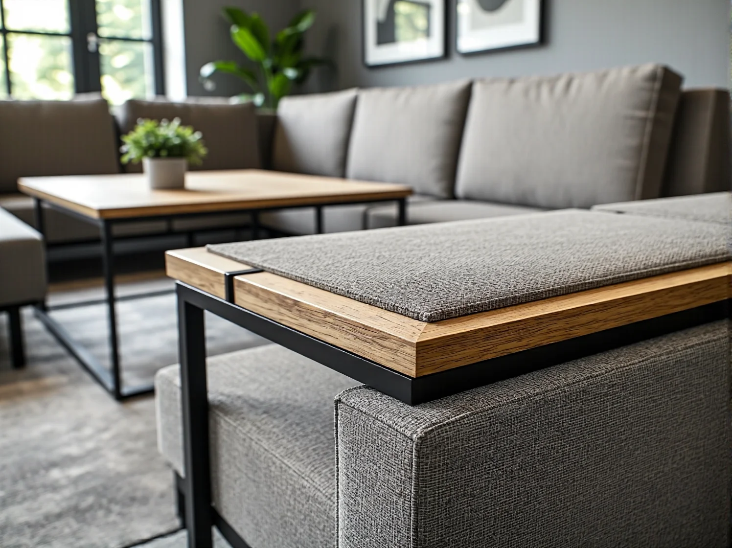 Drewniane stoły i ławki w zewnętrznej strefie relaksu dla pracowników i freelancerów.