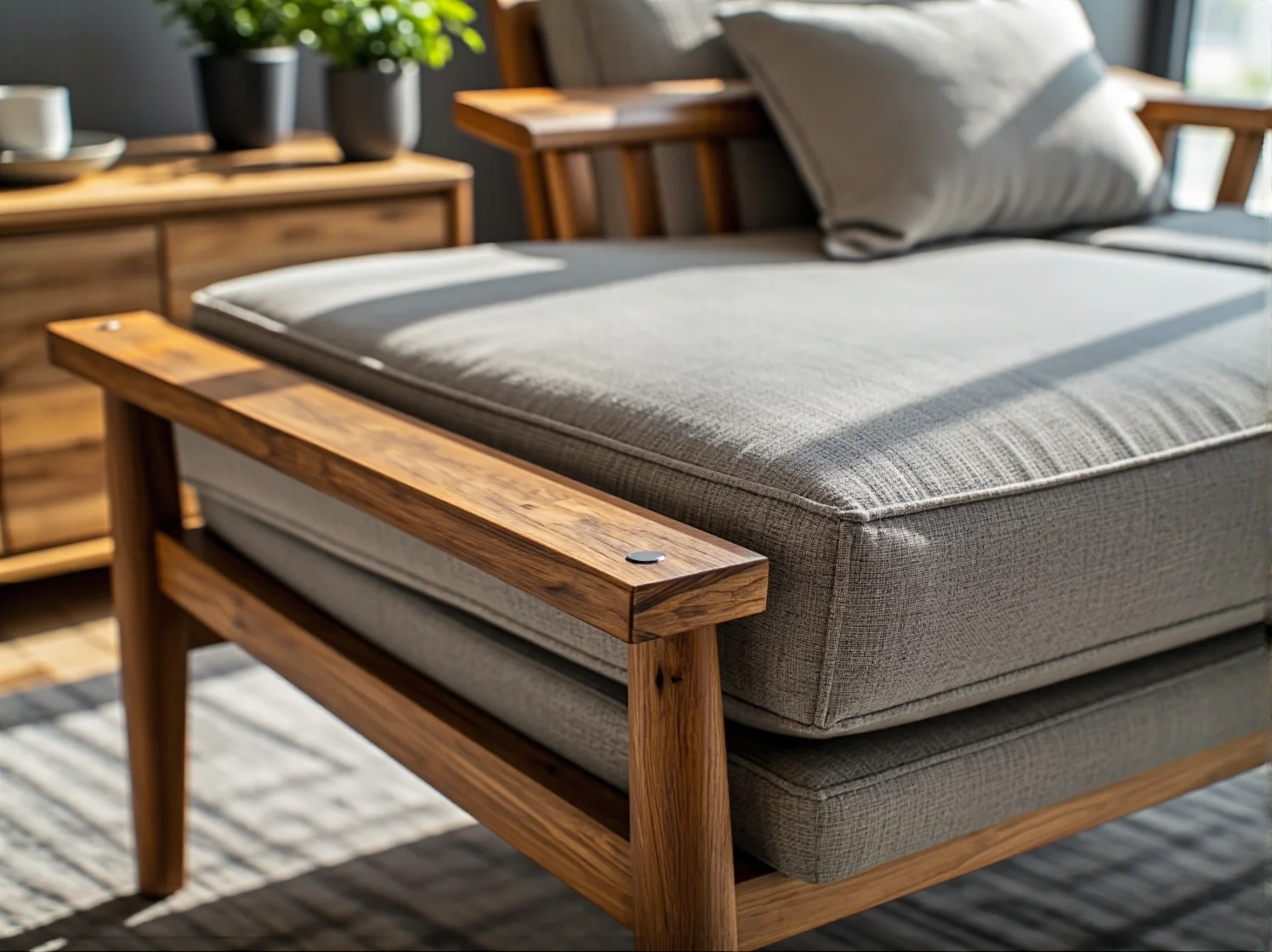 Drewniany leżak i naturalne dodatki w domowej przestrzeni zen.