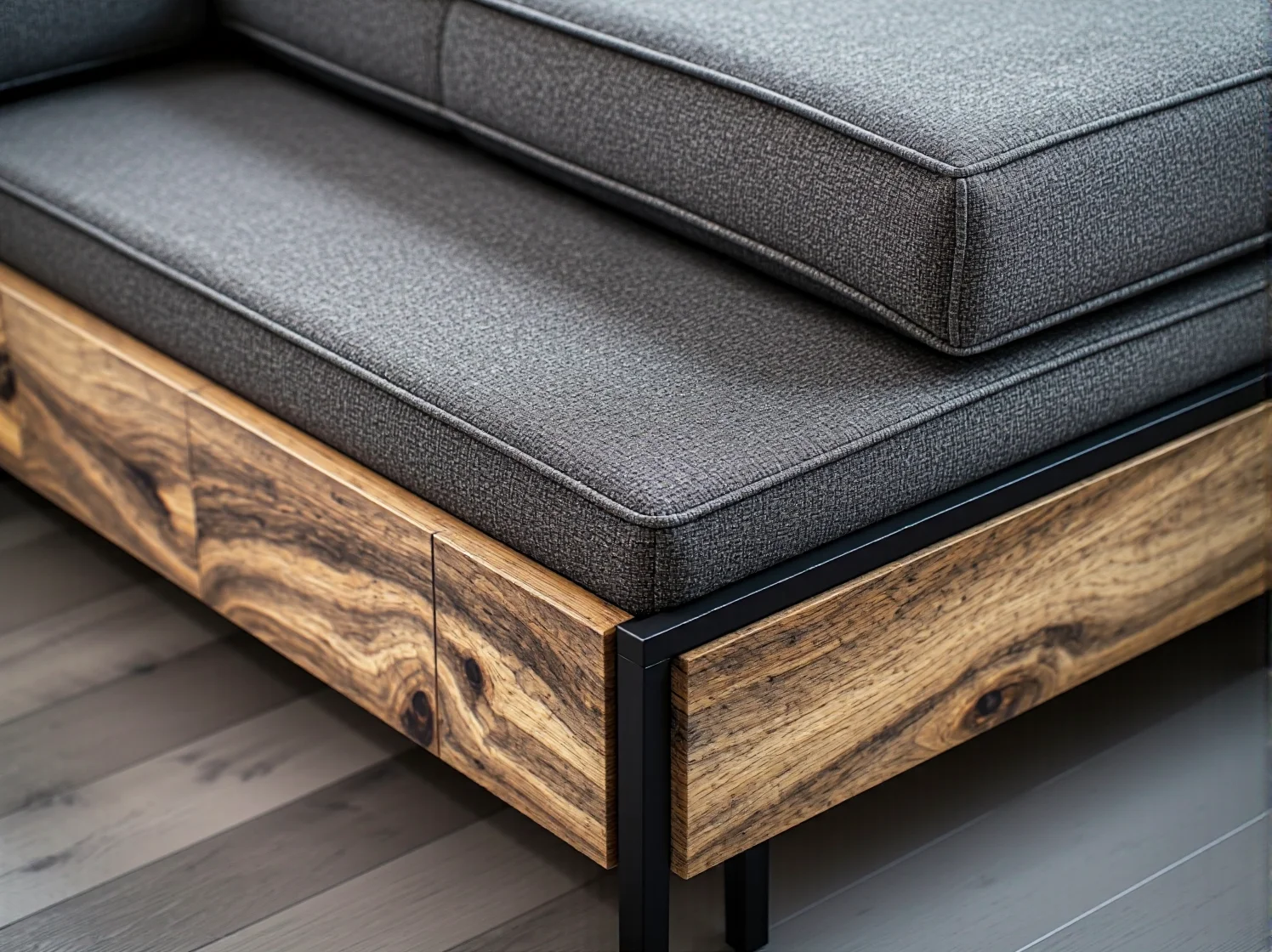 Sofa loftowa grafitowa z drewnianą podstawą i szufladami