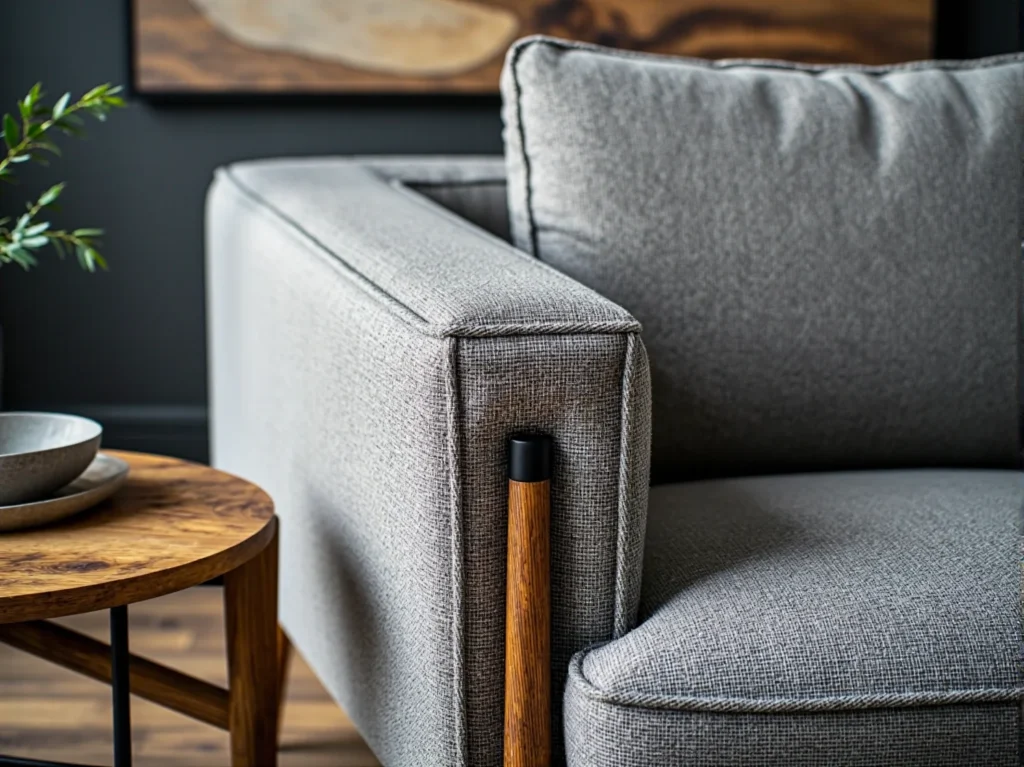 Szary fotel tapicerowany z poduszką i drewnianymi nogami