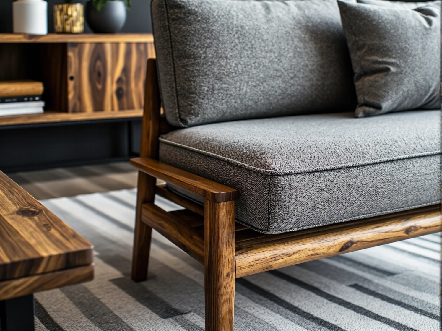 Szara sofa z drewnianym stelażem z litego drewna