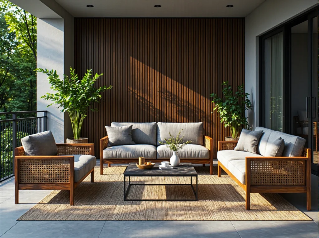 Zestaw wypoczynkowy ogrodowy drewniany z szarymi poduszkami i plecionką