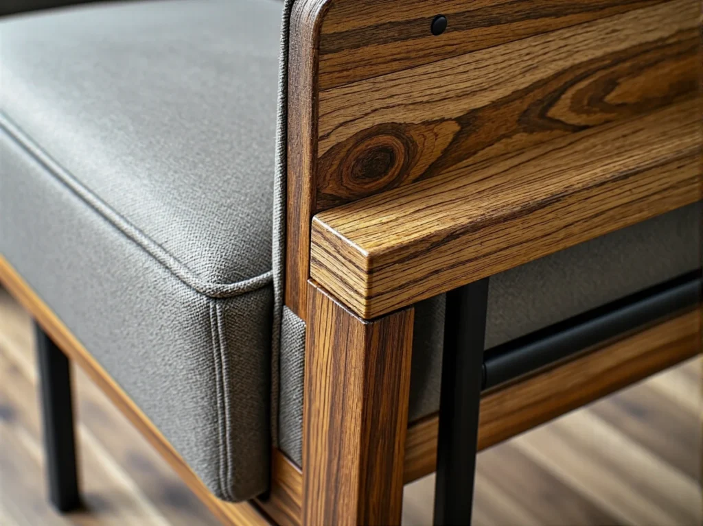 Dębowy podłokietnik fotela z szarą tapicerką i metalową ramą