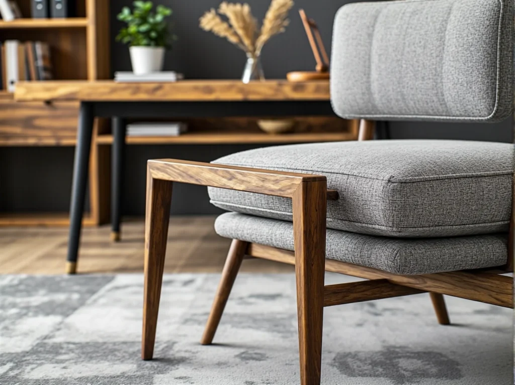 Szary fotel tapicerowany na drewnianej ramie orzechowej