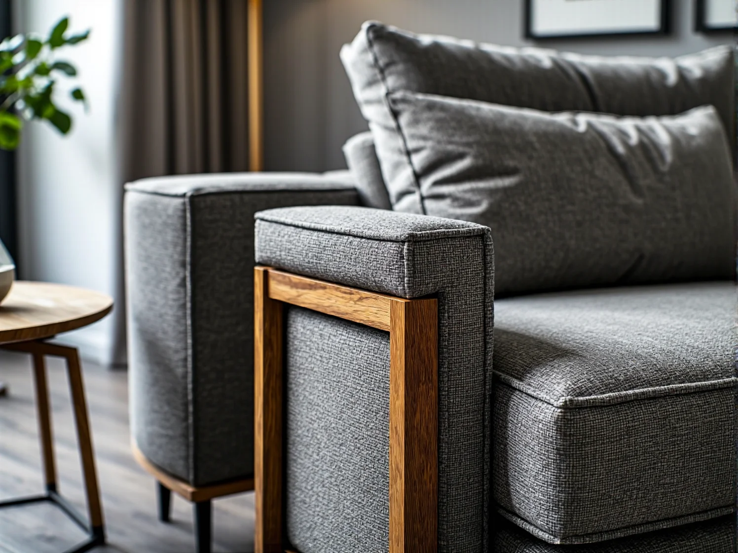 Szara sofa tapicerowana z drewnianymi podłokietnikami dębowymi