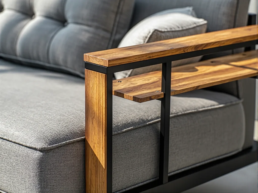 Sofa industrialna szara z drewnianym podłokietnikiem i metalową ramą