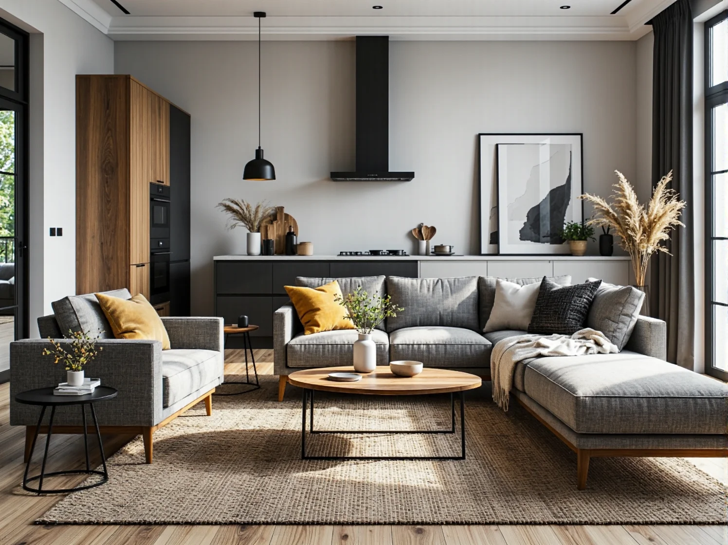 Narożnik tapicerowany szary z szezlongiem na drewnianych nóżkach