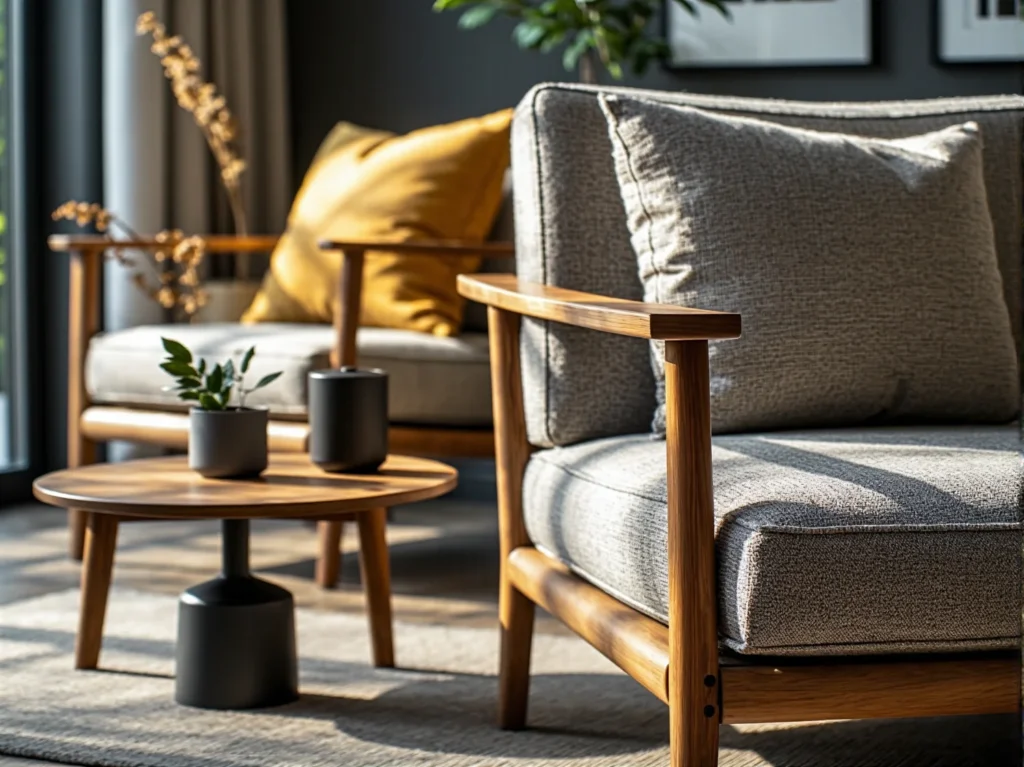 Szary fotel wypoczynkowy z drewnianymi podłokietnikami w stylu skandynawskim