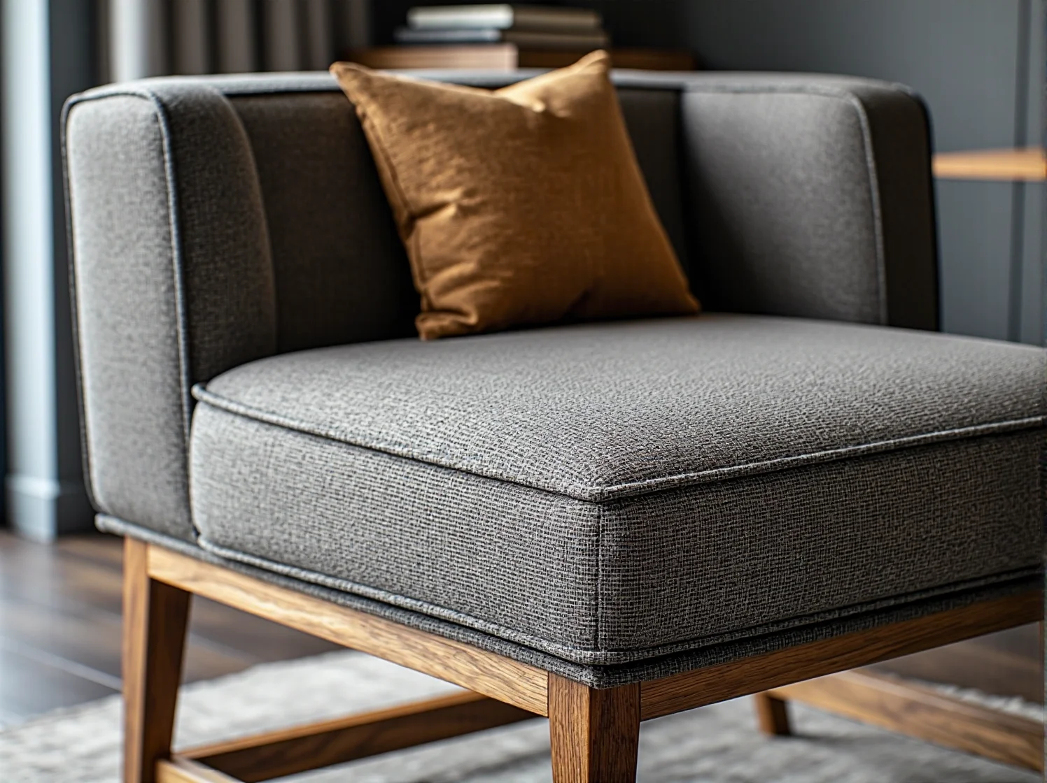 Jasne lniane zasłony i bawełniany dywan w minimalistycznym jadalnianym wnętrzu.