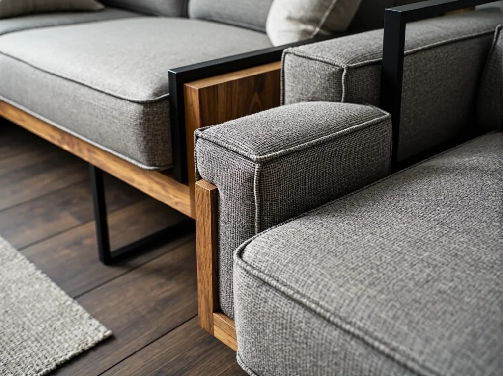 Szara sofa modułowa z drewnianą ramą i metalowymi nogami