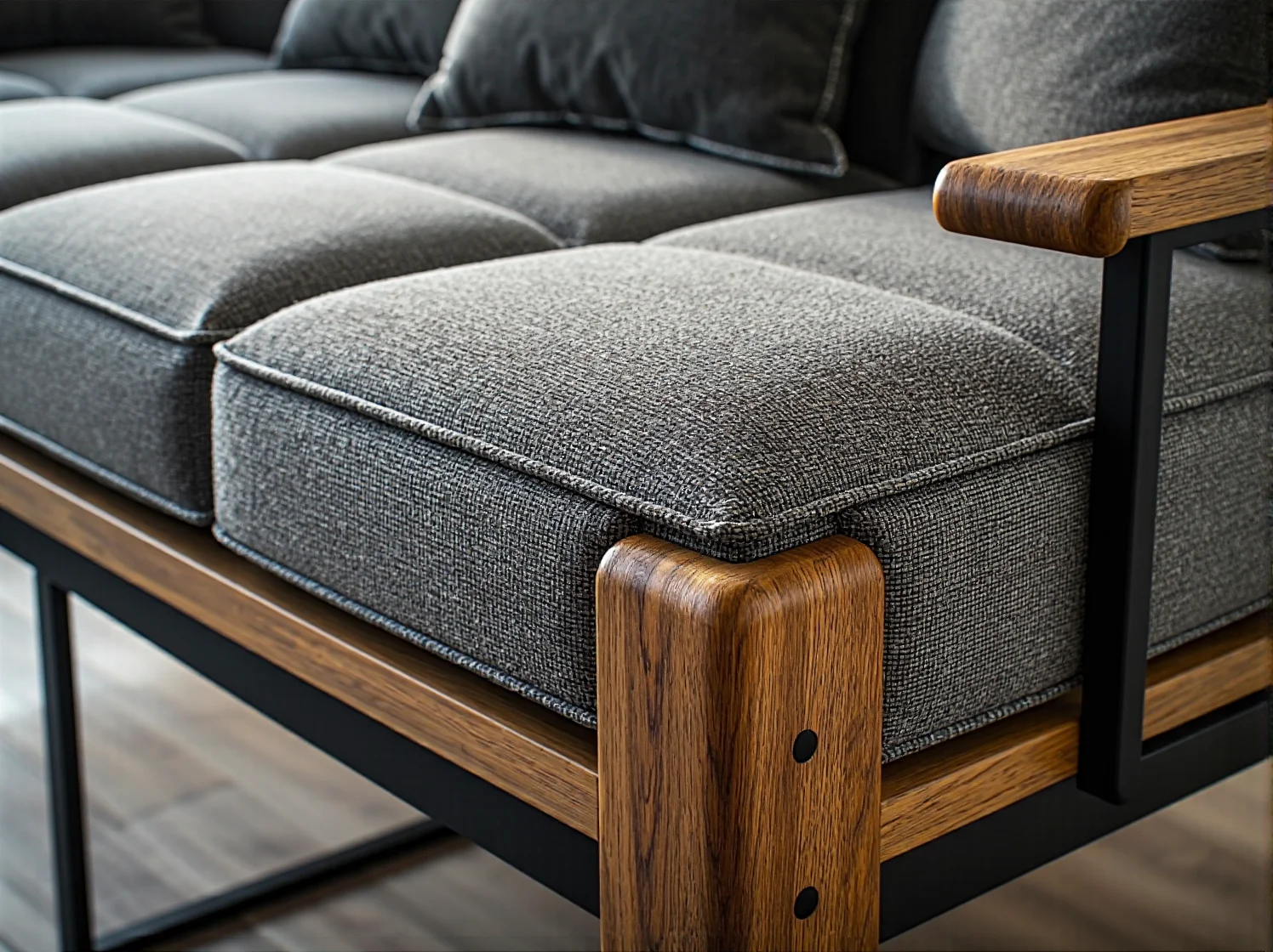 Grafitowa sofa z drewnianymi podłokietnikami i metalową ramą
