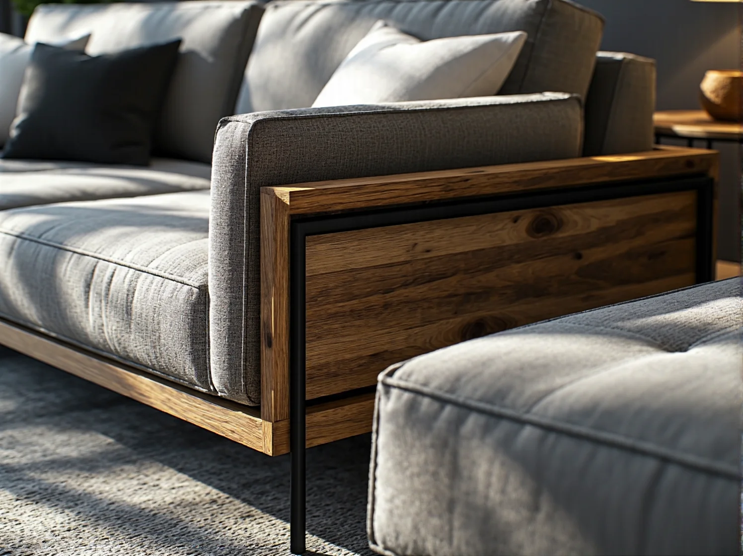 Szara sofa z drewnianymi podłokietnikami i pufą