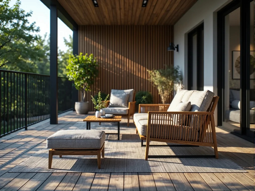 Zestaw mebli ogrodowych drewnianych z szarymi poduszkami