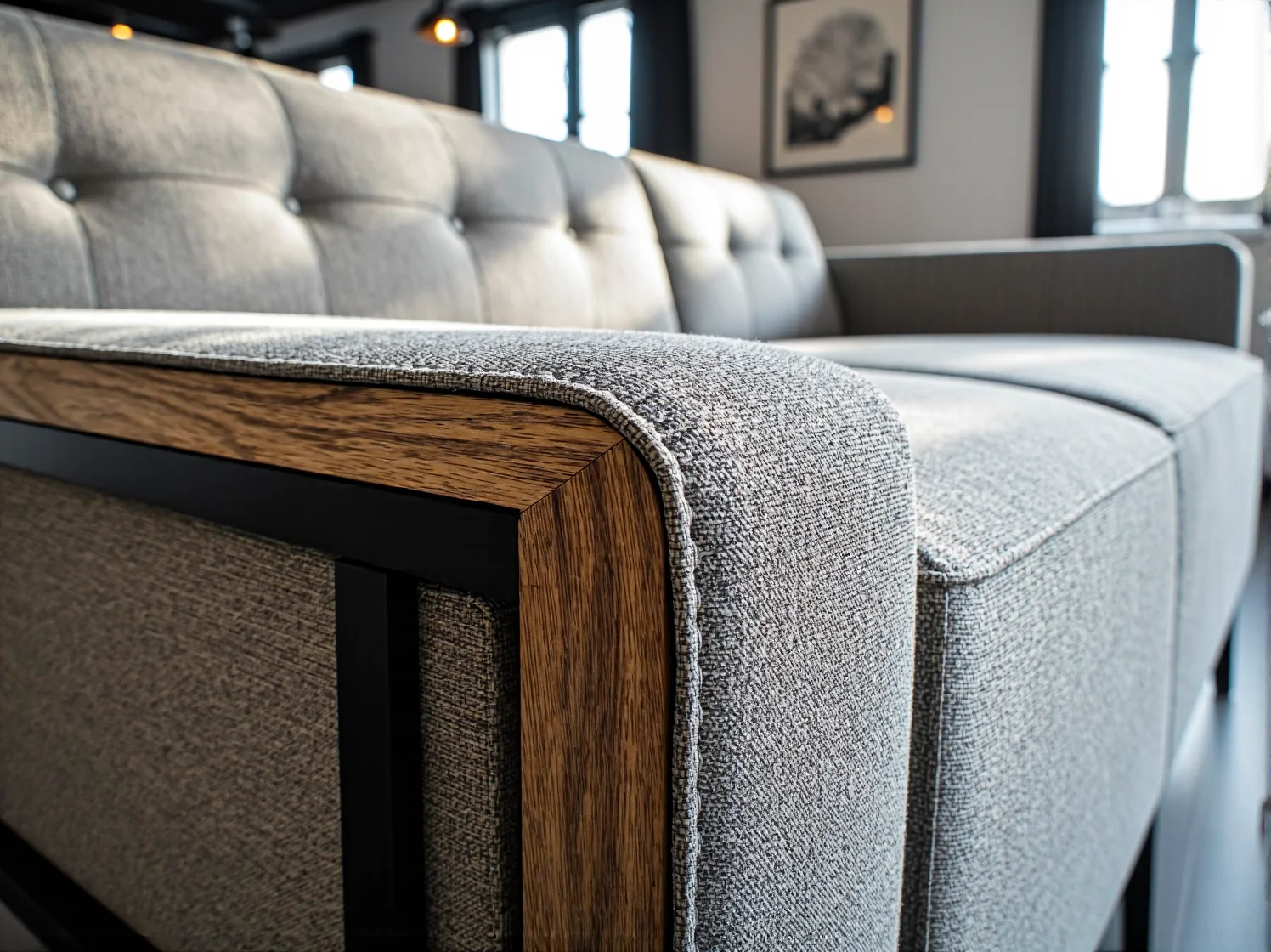Szara sofa tapicerowana z drewnianym podłokietnikiem i pikowanym oparciem