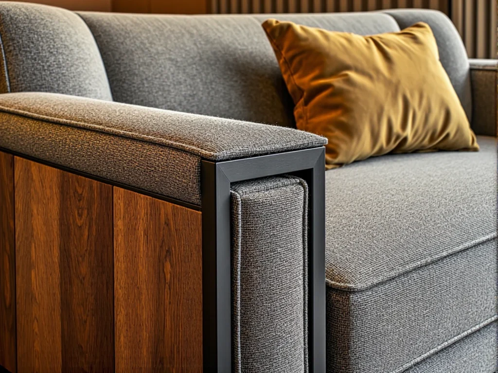 Szara sofa tapicerowana z drewnianymi bokami i metalowym podłokietnikiem