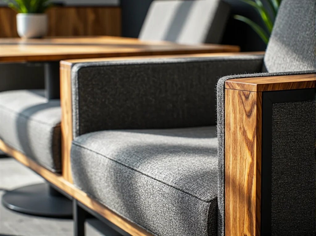 Nowoczesny fotel tapicerowany szary z drewnianymi podłokietnikami