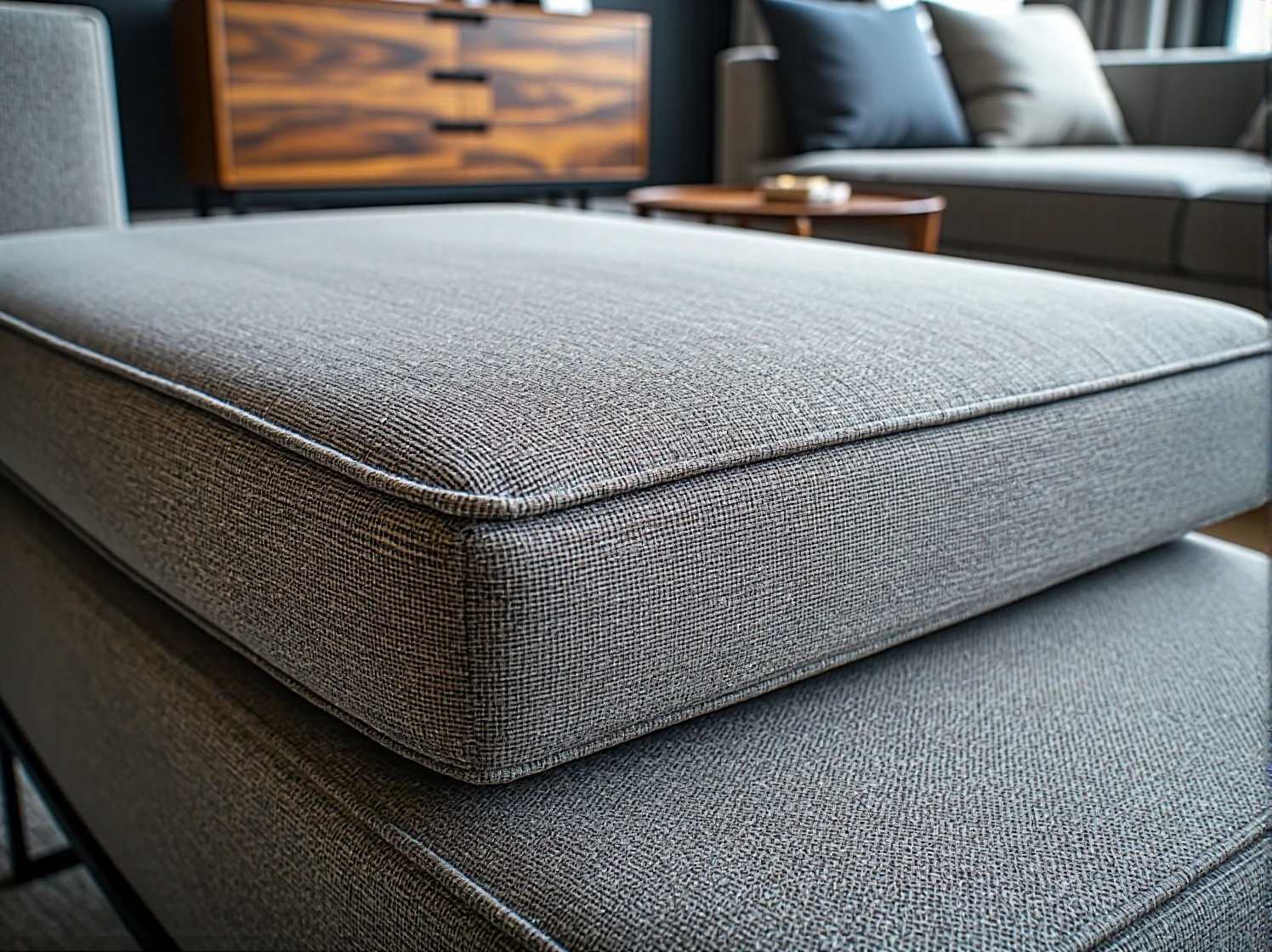 Szara tapicerowana pufa z tkaniny strukturalnej