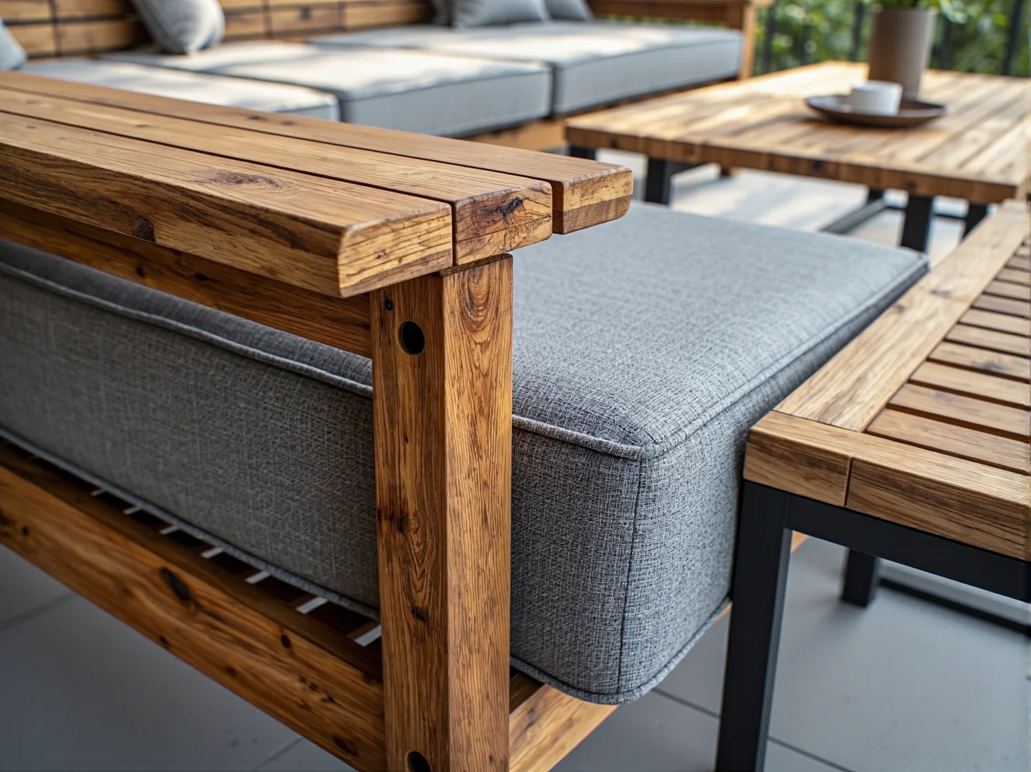 Strefa relaksu na balkonie z narożnikiem z rattanu w jasnej skandynawskiej aranżacji.