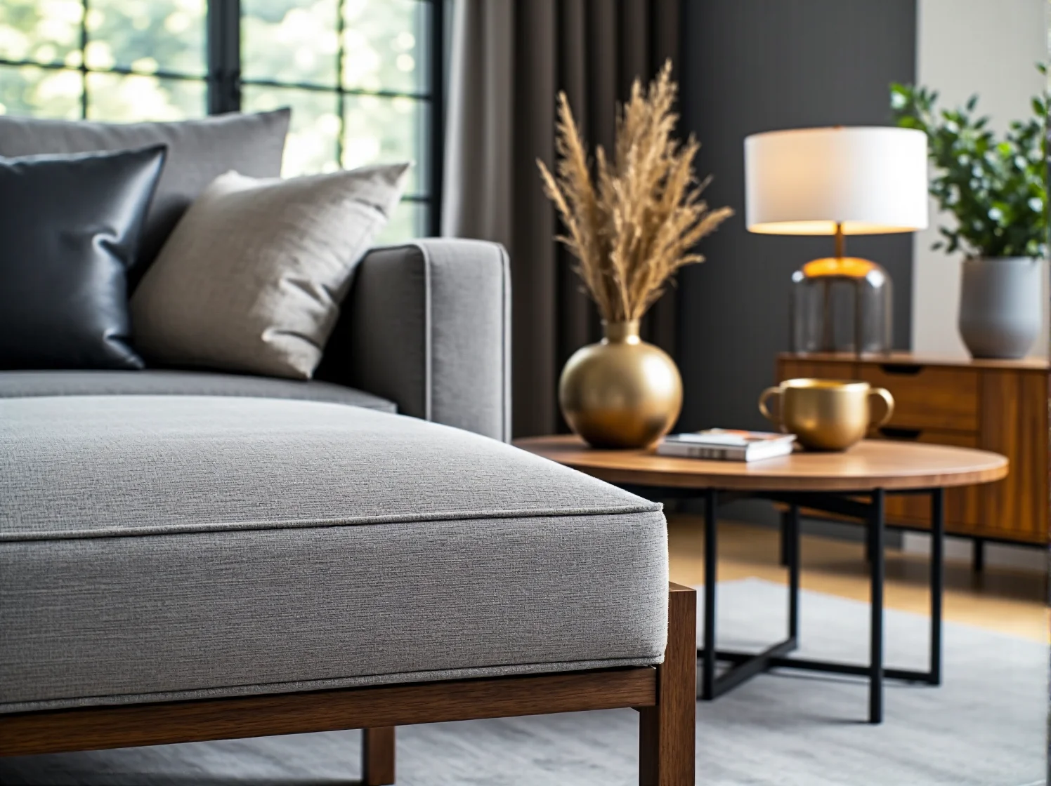 Szara sofa tapicerowana na drewnianych nogach z poduszkami