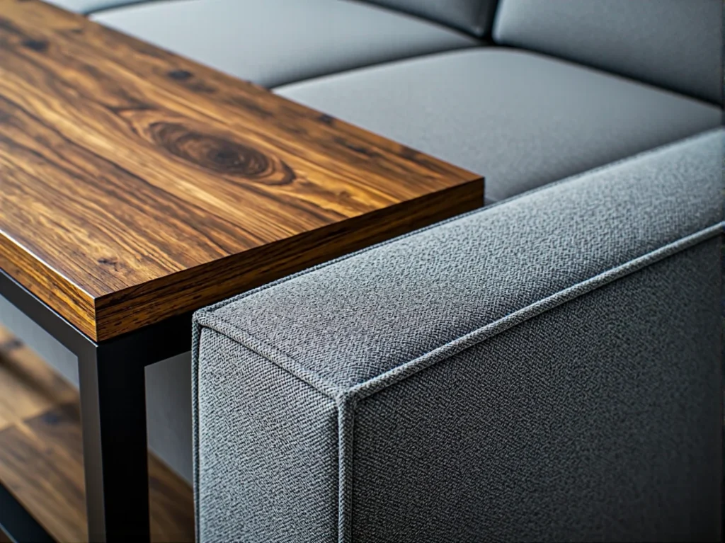 Szary narożnik tapicerowany z drewnianym blatem bocznym orzechowym