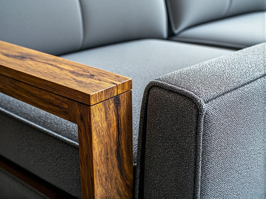 Szara sofa tapicerowana z drewnianym podłokietnikiem dębowym