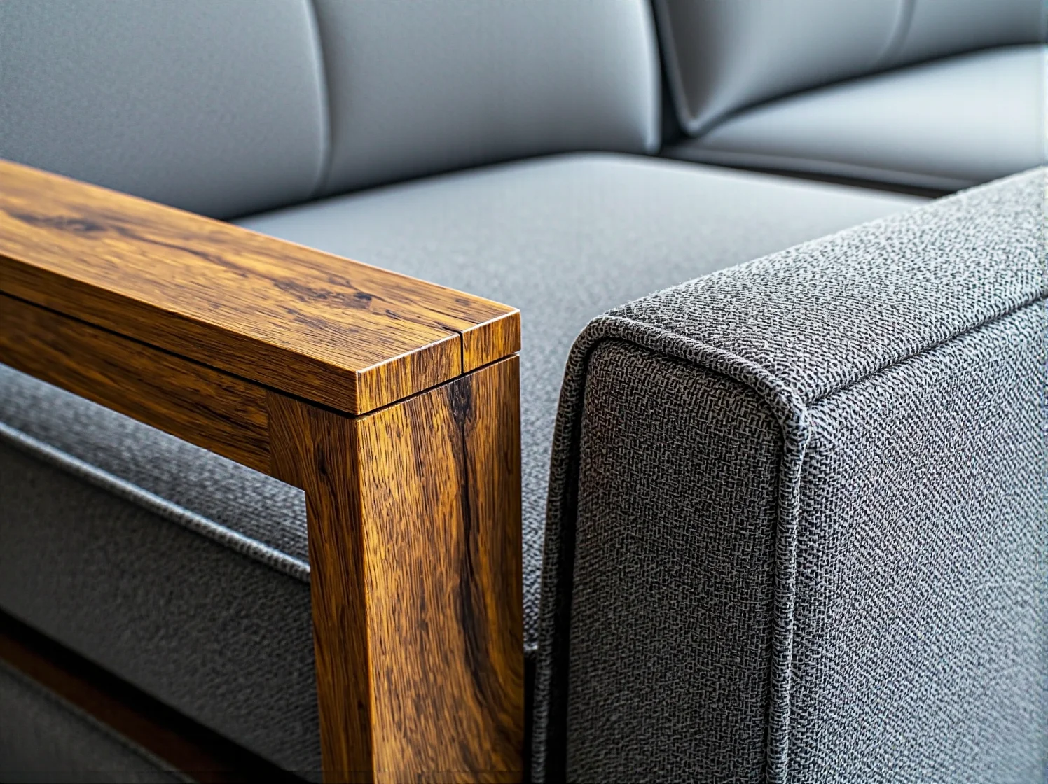 Szara sofa tapicerowana z drewnianym podłokietnikiem dębowym