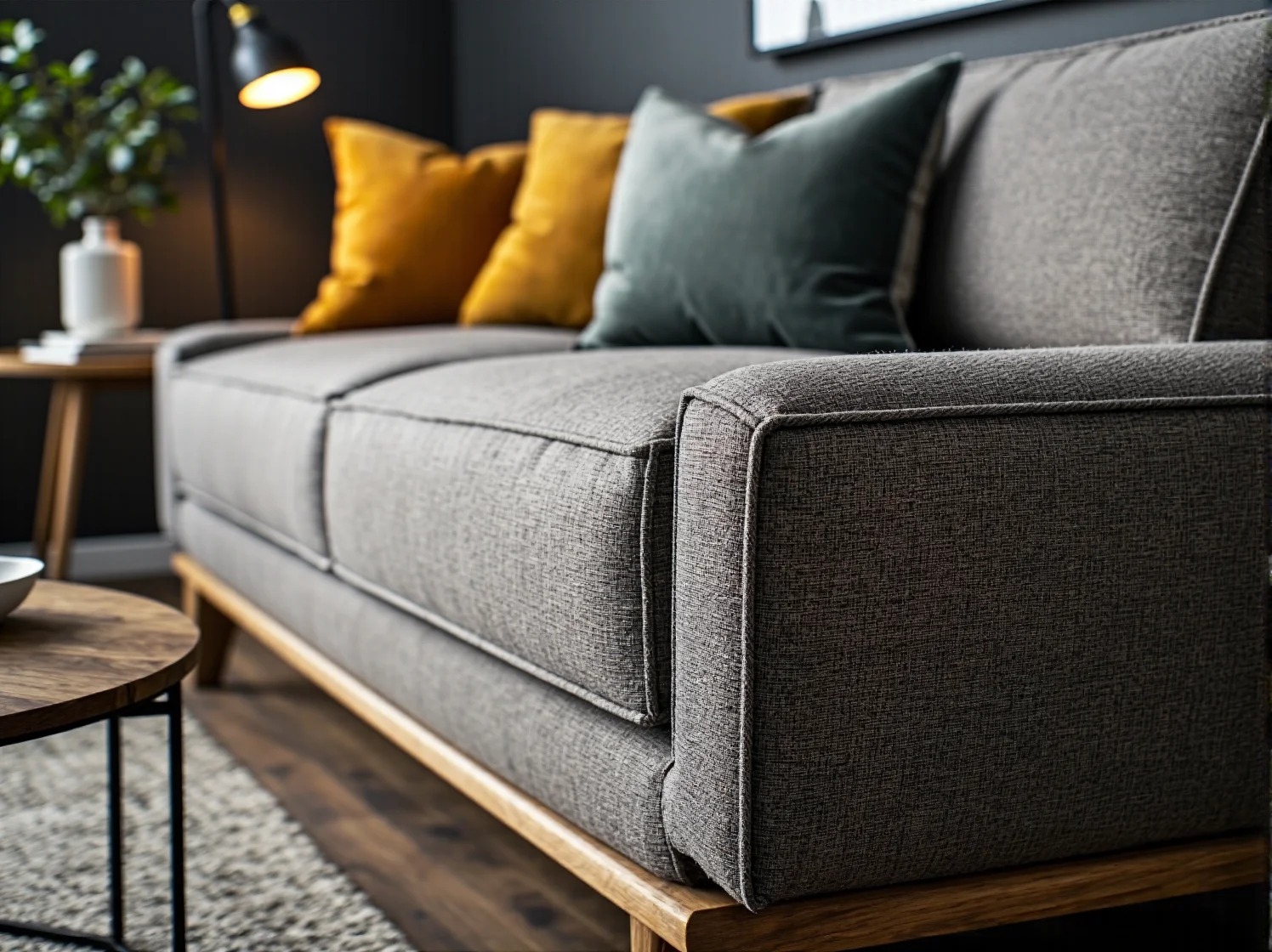 Nowoczesna sofa tapicerowana szara na drewnianej ramie