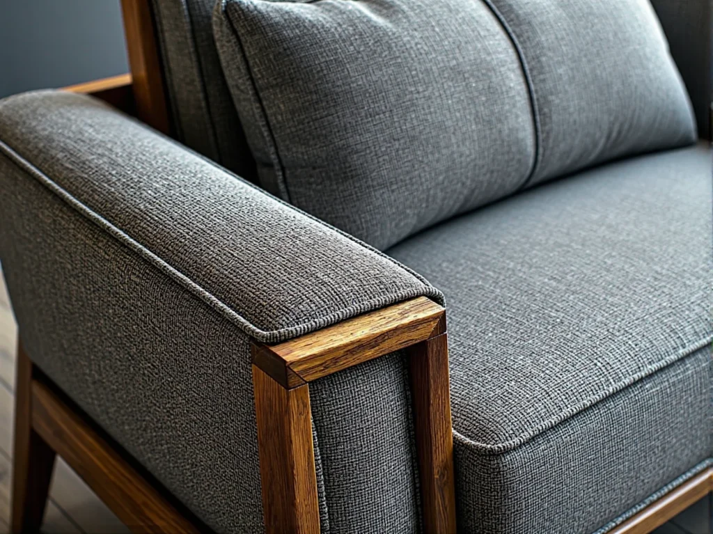 Szary fotel tapicerowany z drewnianymi podłokietnikami dębowymi