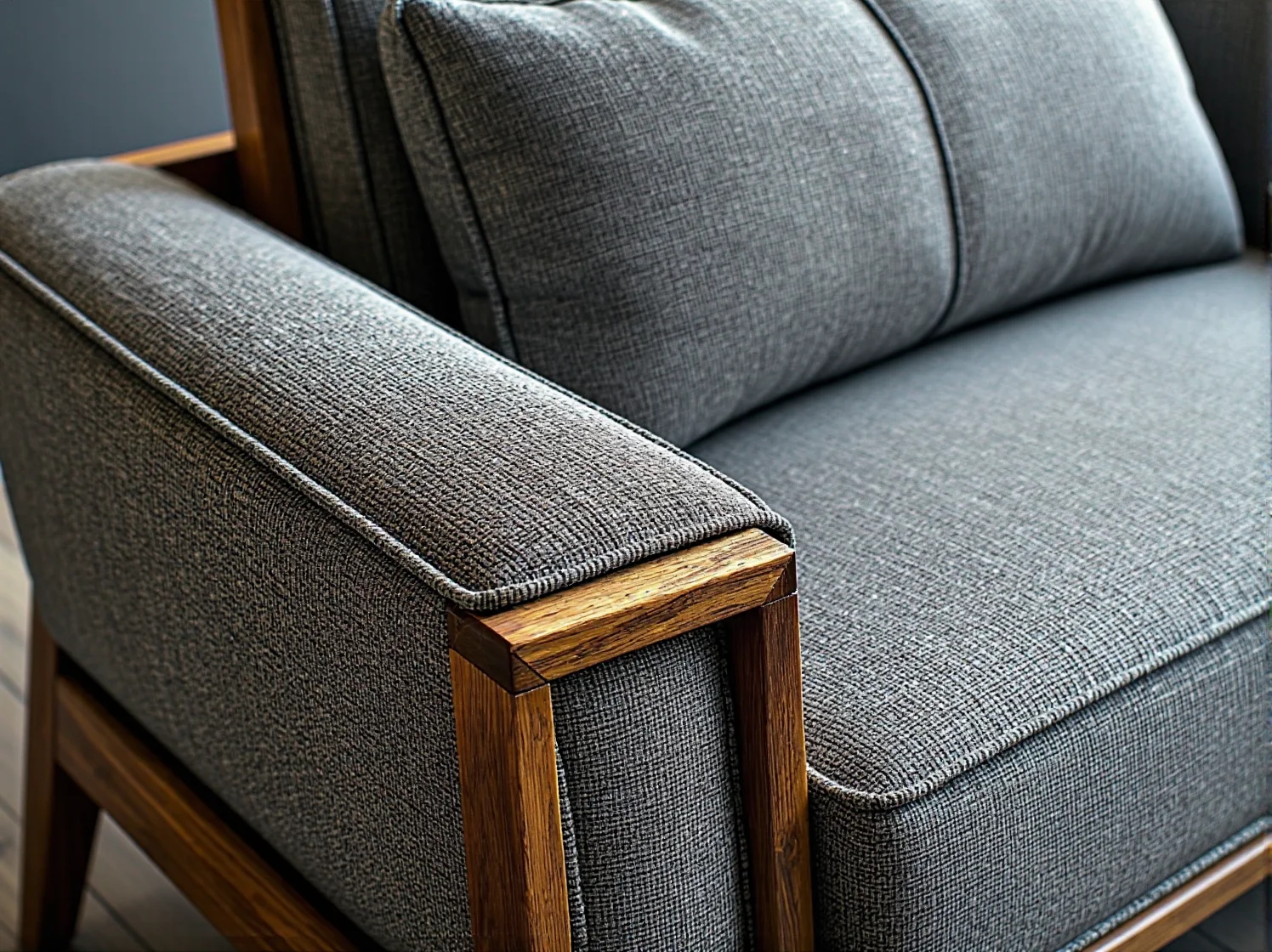 Szary fotel tapicerowany z drewnianymi podłokietnikami dębowymi