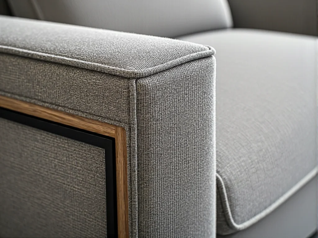 Szary fotel tapicerowany z drewnianym podłokietnikiem i tkaniną bouclé