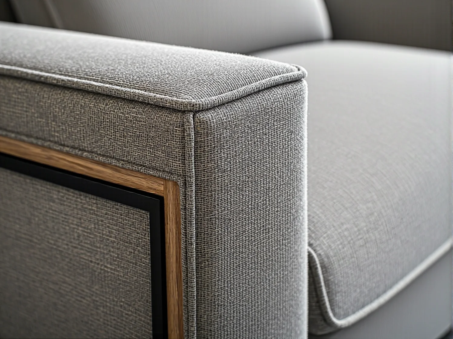 Szary fotel tapicerowany z drewnianym podłokietnikiem i tkaniną bouclé