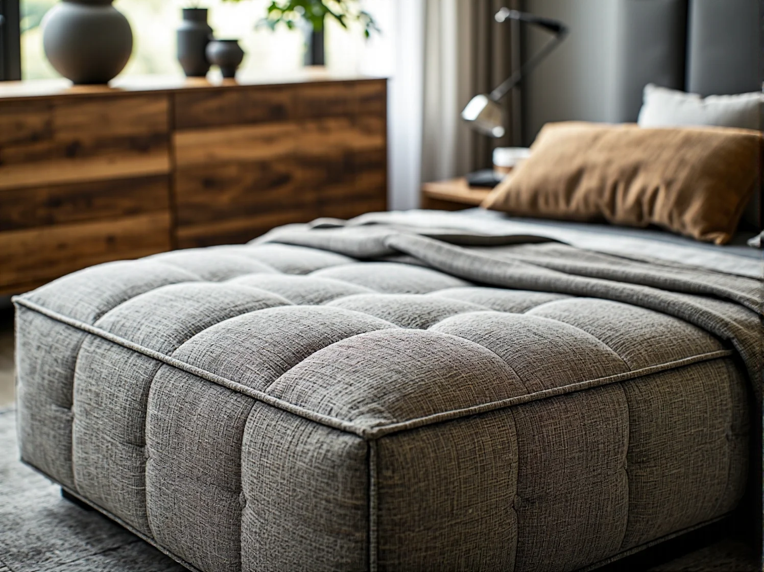 Odrestaurowane drewniane łóżko z recyklingu w jasnej, ekologicznej sypialni z duszą.