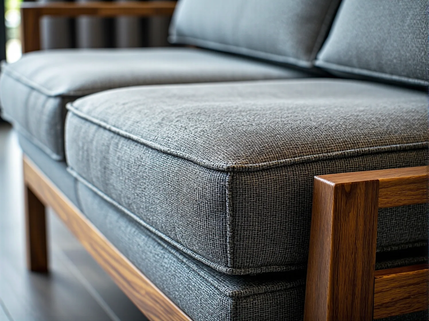 Szara sofa tapicerowana na drewnianej ramie dębowej