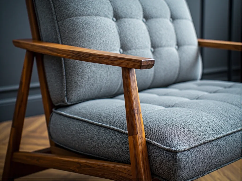 Szary fotel retro z pikowaną tapicerką i drewnianymi podłokietnikami