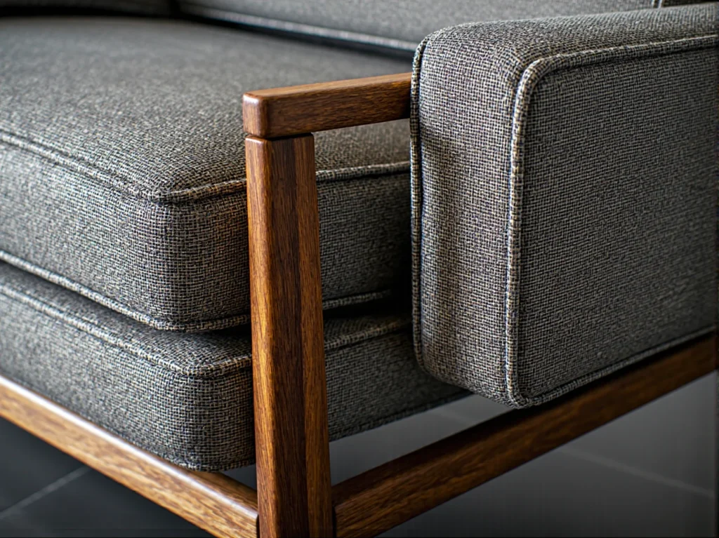 Szara sofa z drewnianym podłokietnikiem w kolorze orzecha