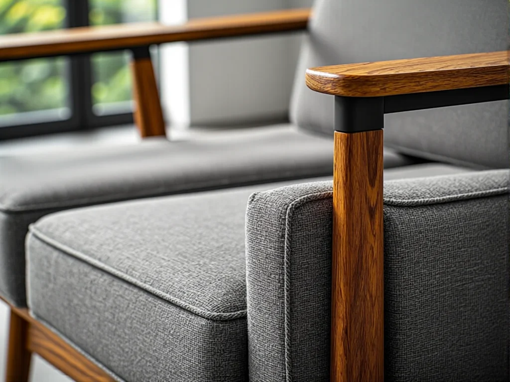 Szary fotel tapicerowany z drewnianymi podłokietnikami dębowymi