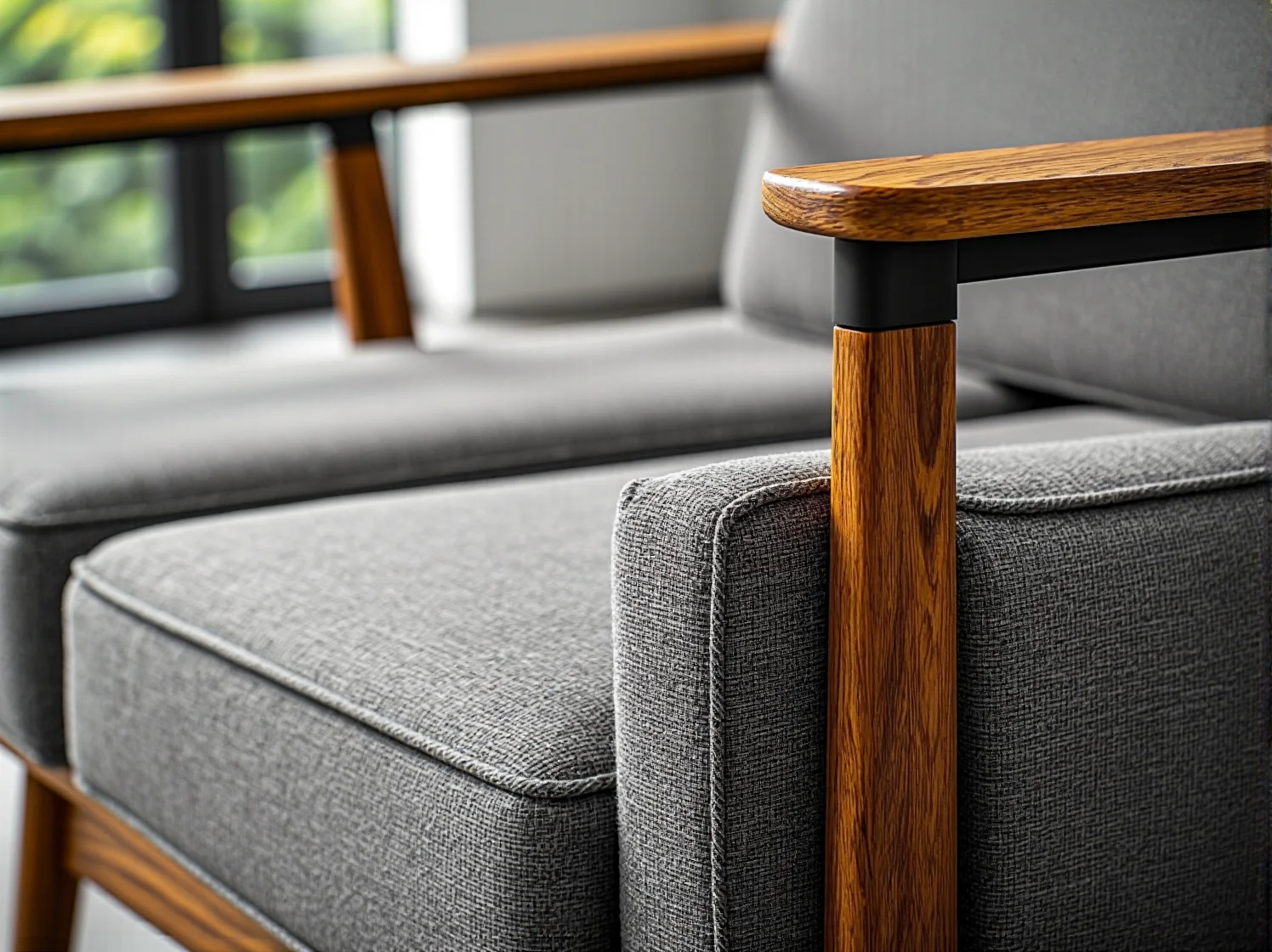 Szary fotel tapicerowany z drewnianymi podłokietnikami dębowymi