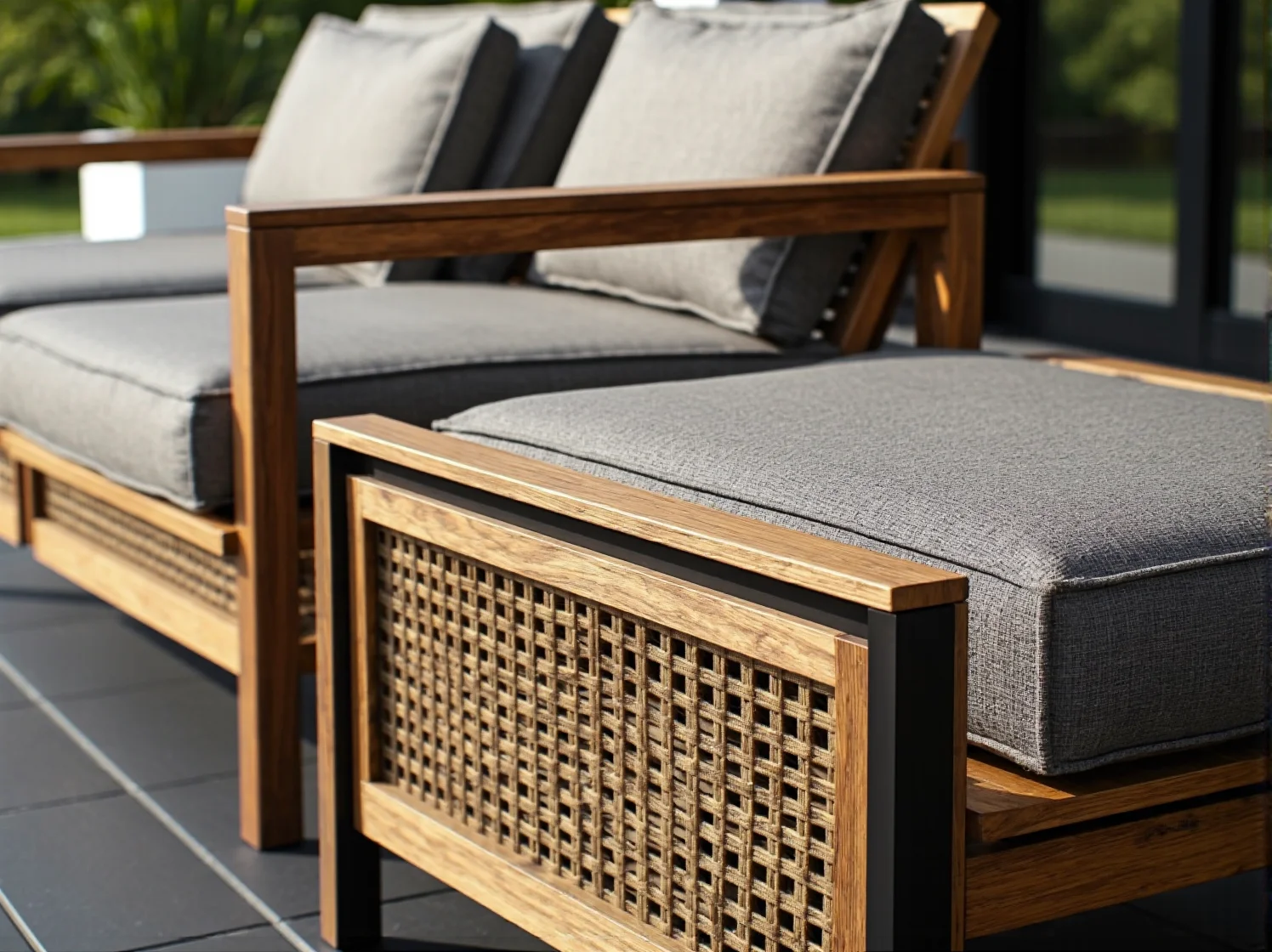 Przytulny balkon w bloku z jasnymi meblami skandynawskimi i roślinami doniczkowymi.