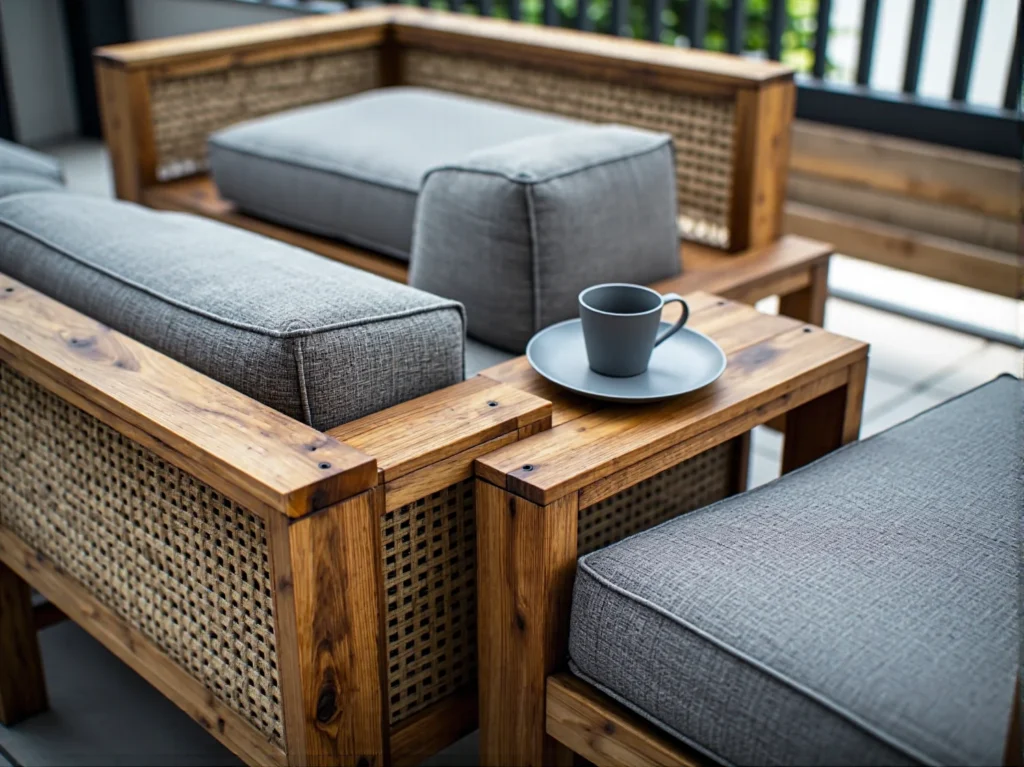 Drewniany zestaw wypoczynkowy z rattanowymi wstawkami i szarymi poduszkami