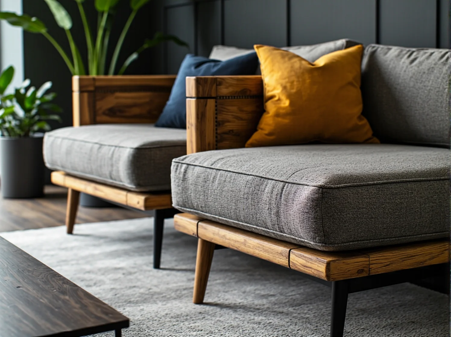 Drewniana i rattanowa kanapa ogrodowa vintage wsród zieleni.