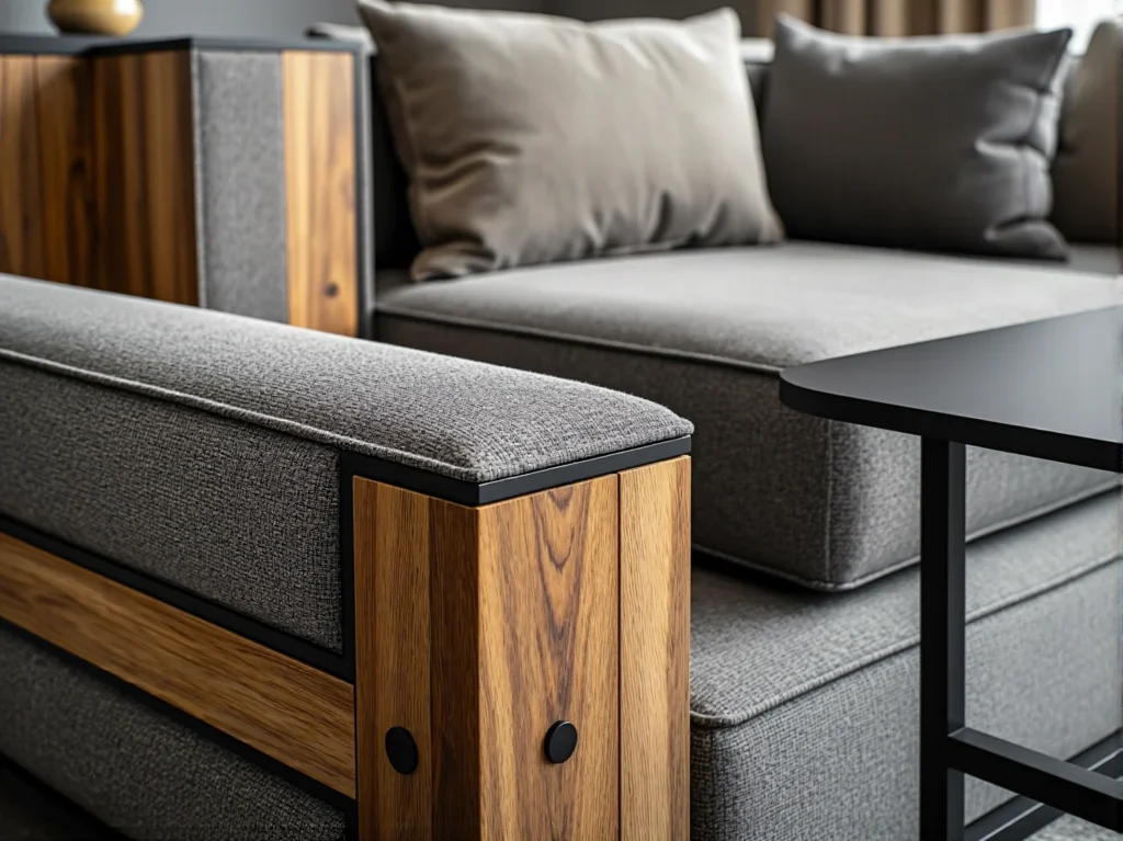 Szara sofa modułowa z drewnianymi podłokietnikami w stylu loft