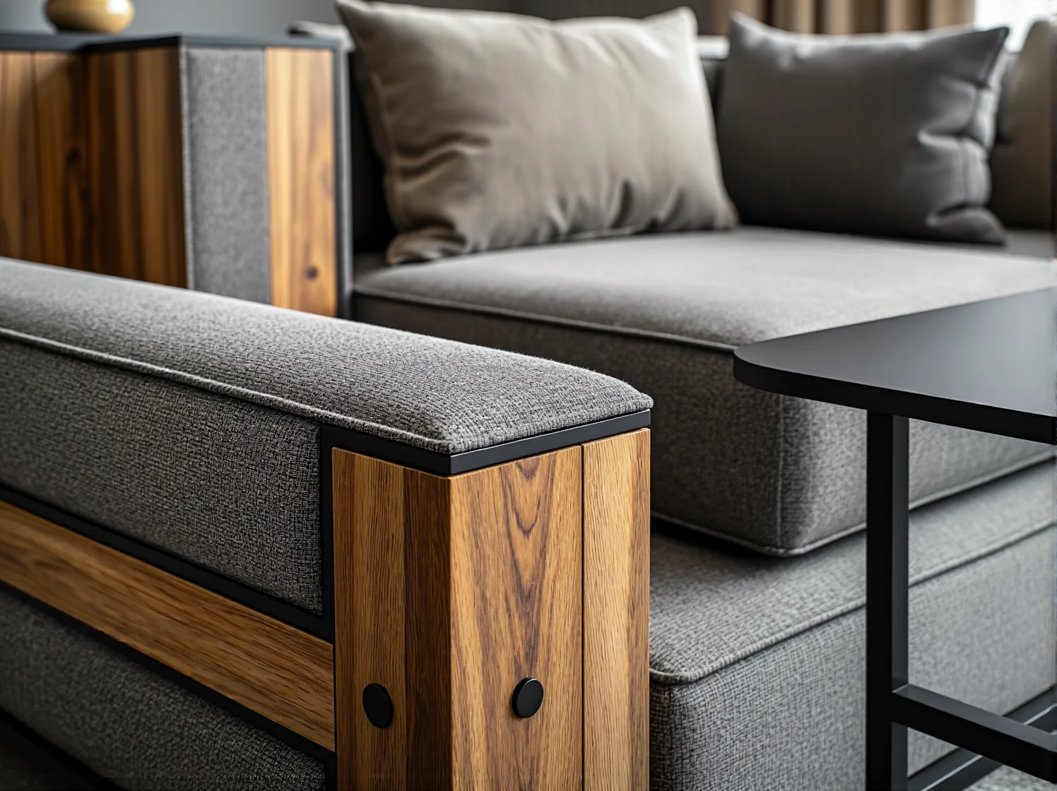 Szara sofa modułowa z drewnianymi podłokietnikami w stylu loft