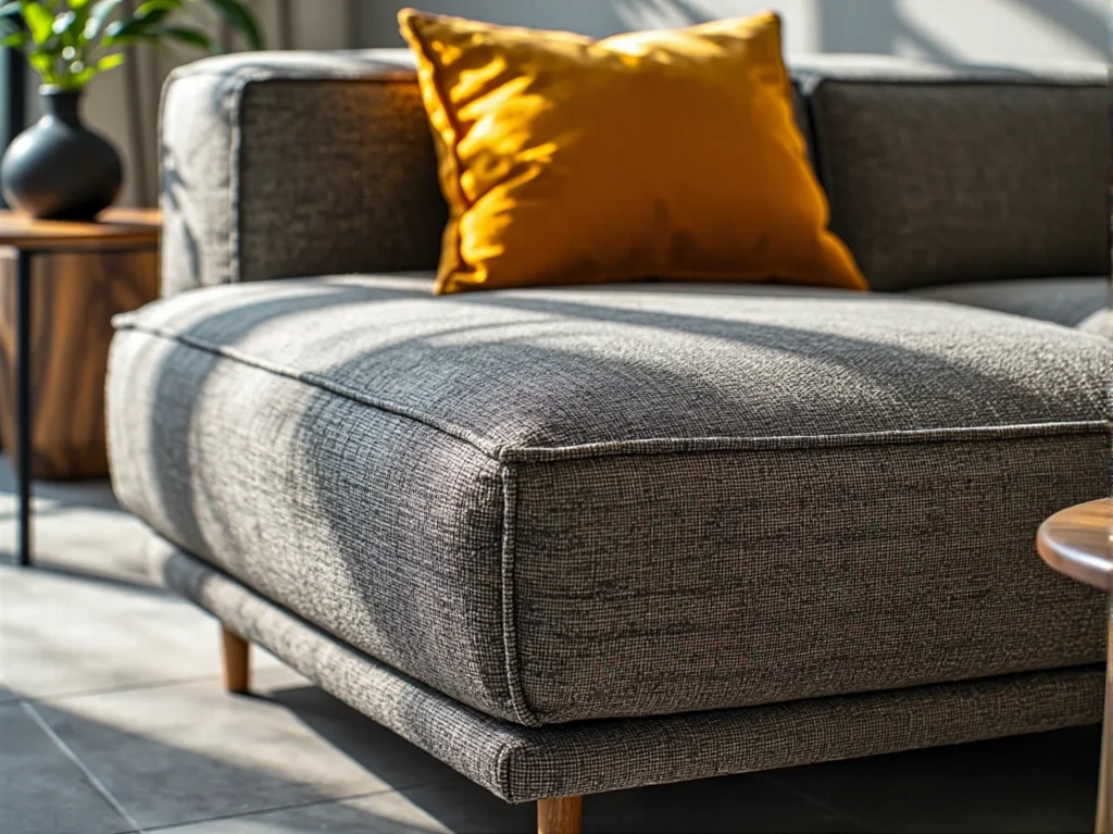 Szara sofa tapicerowana na drewnianych nóżkach z poduszką